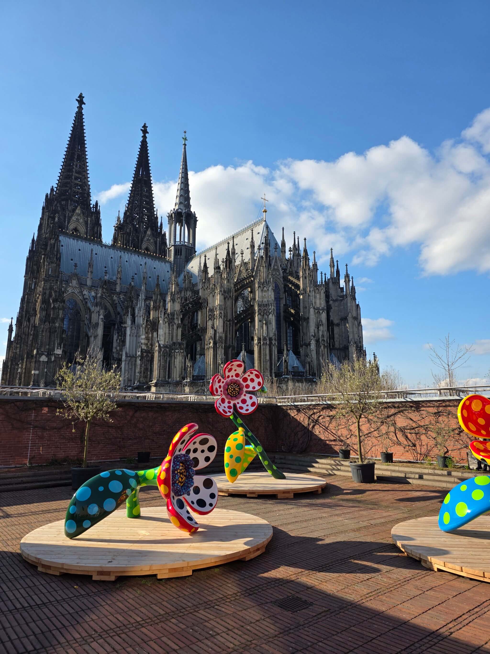 Farbenfrohe Blumen-Skulpturen von Yayoi Kusama vor dem Kölner Dom auf der Dachterrasse des Museum Ludwig. Warum die Kusama-Ausstellung 2026 in Köln so besonders ist, welche Highlights es exklusiv hier gibt und weshalb sich ein Besuch trotz Warteschlangen unbedingt lohnt, lesen Sie im styleREBELLES-Blogpost